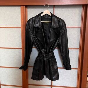 Danier Black Leather Belted Coat Large